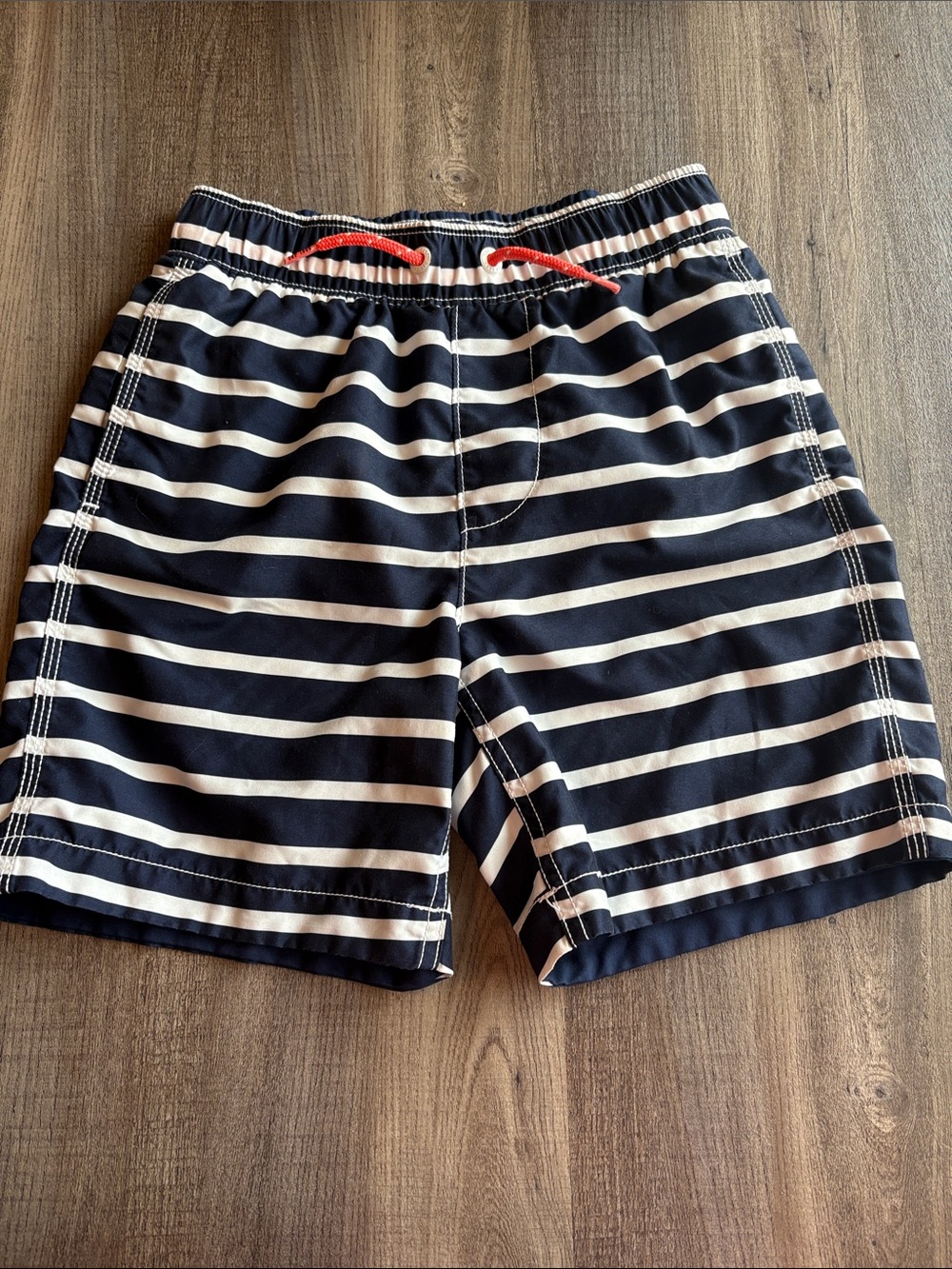 GAP Navy & White Striped Boys Swim Trunks with Red Drawstring